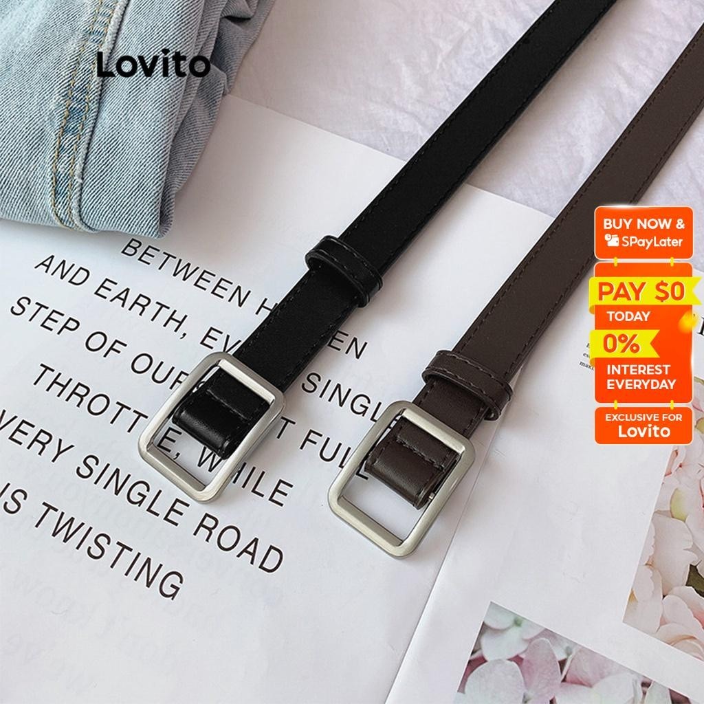 Lovito Casual Plain Fashion Gold Buckle Leather Belt for Women L50AD152 (Coffee/Black) Lovito Sabuk Kulit Gesper Emas Mode Polos untuk Wanita