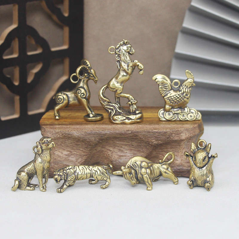 Vintage Brass Chinese 12 Zodiac Lunar Year of Dragon 2024 Figurines Rabbit Tiger Horse Animal Fairy Home Decoration Miniature Ornaments