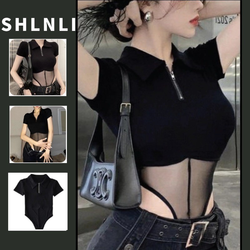 Black Mesh Patchwork Short Sleeved Jumpsuit for Women's Spring Summer Slim Fit Solid Color Jumpsuit