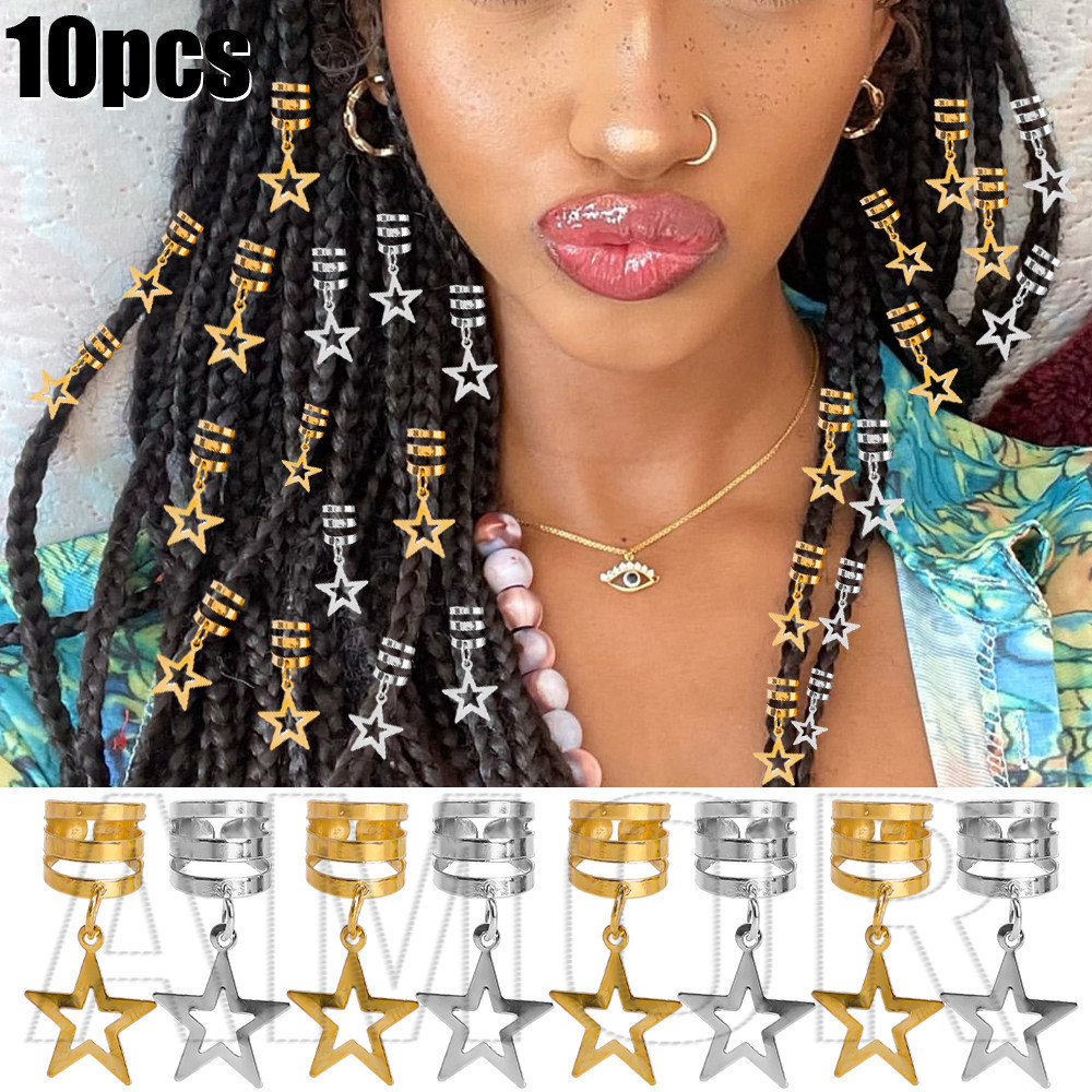 10Pcs Metal Hair Ring - DIY Decoration Accessories - Dirty Braid Ring Buckle - Adjustable - Star Shaped Dreadlocks Beads - Punk, Hip-Hop, Fashion - Hair Braiding Tool