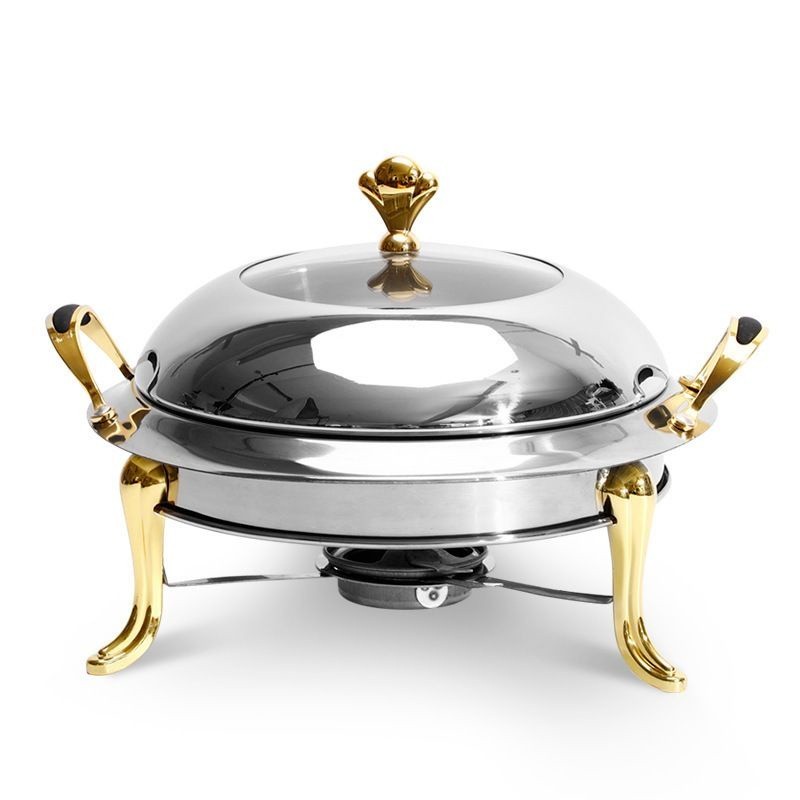 [MALAYSIA Stocks]Chafing Dish Buffet Set with Visible Glass Lid and Holder, Round Chafers and Buffet Warmers Sets with Food and Water Trays for Catering, Parties and Weddings, Gold