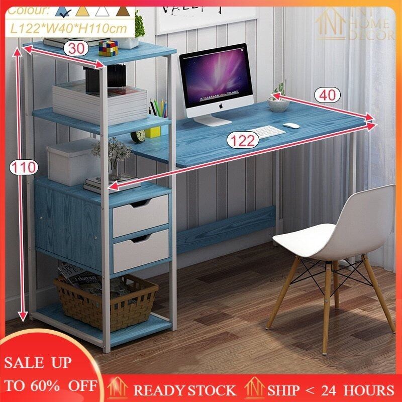TNT Computer Desk Study Table With Drawers / 4-tier bookshelf / Wooden DIY Office & Writing Table Meja Belajar 2 Sizes