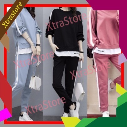 5-1【 Murah Sekali】 2pcs Set Fashion Pakaian Wanita Pakai Baju Olahraga Lady Lengan Panjang Longgar Baju Seluar Pants