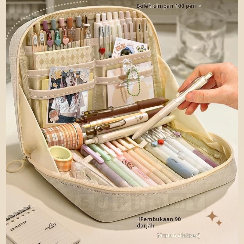Pencil Case Large Capacity Aesthetic Standable Student pencil box ins style Pen Case kotak pensel capcity 90°opening