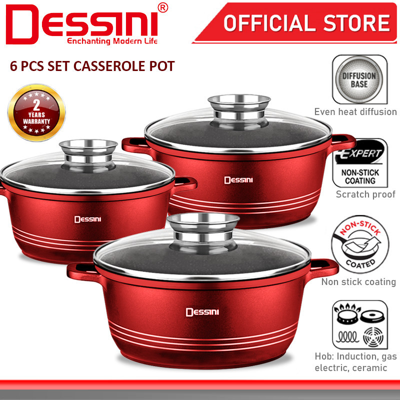 DESSINI ITALY 6 PCS 20CM 24CM 28CM Casserole Die Cast Aluminium Induction Non Stick Pot Bowl Pan Cookware Cover PERIUK