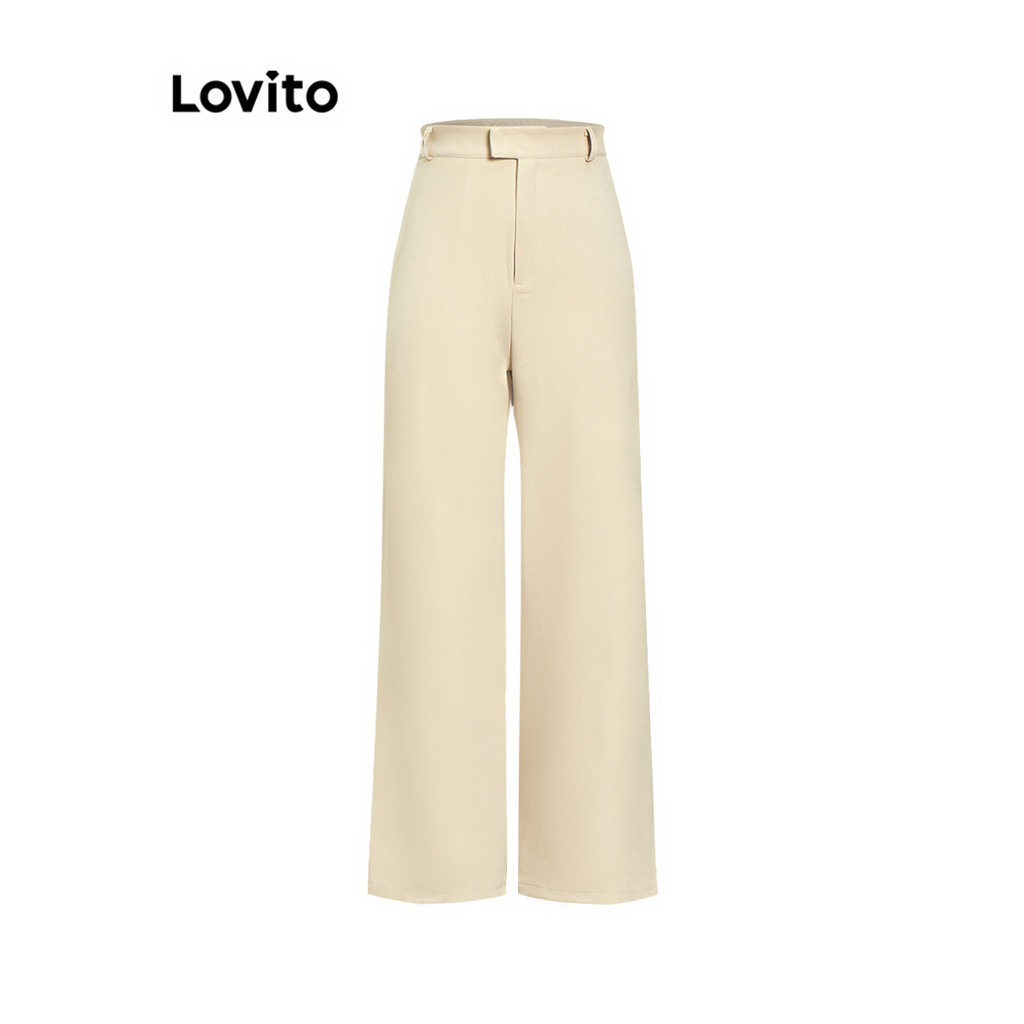 Lovito Casual Plain Pocket Pants for Women L67AD135 (Khaki) Celana Saku Polos Kasual Lovito untuk Wanita