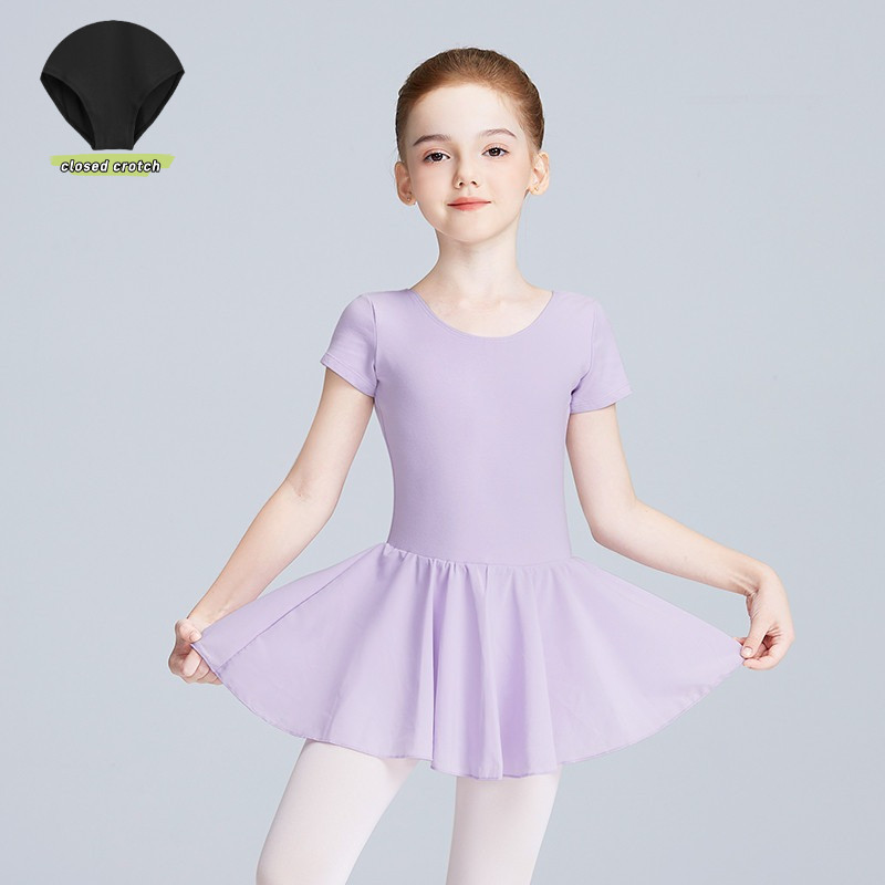 Girls Ballet Leotards Kids Lined Chiffon Tutu Short Sleeve Dress Gymnastics Dancewear Costumes Closed crotch design