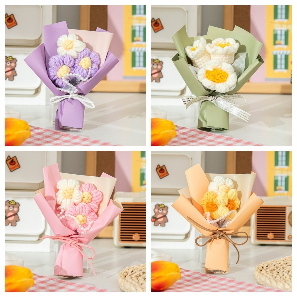 Mini Knitted Bouquet Tulip Daisies Eternal Flowers Finished Puffs Flower Mother's Day Bouquet Teacher's Day Gift畢業花束