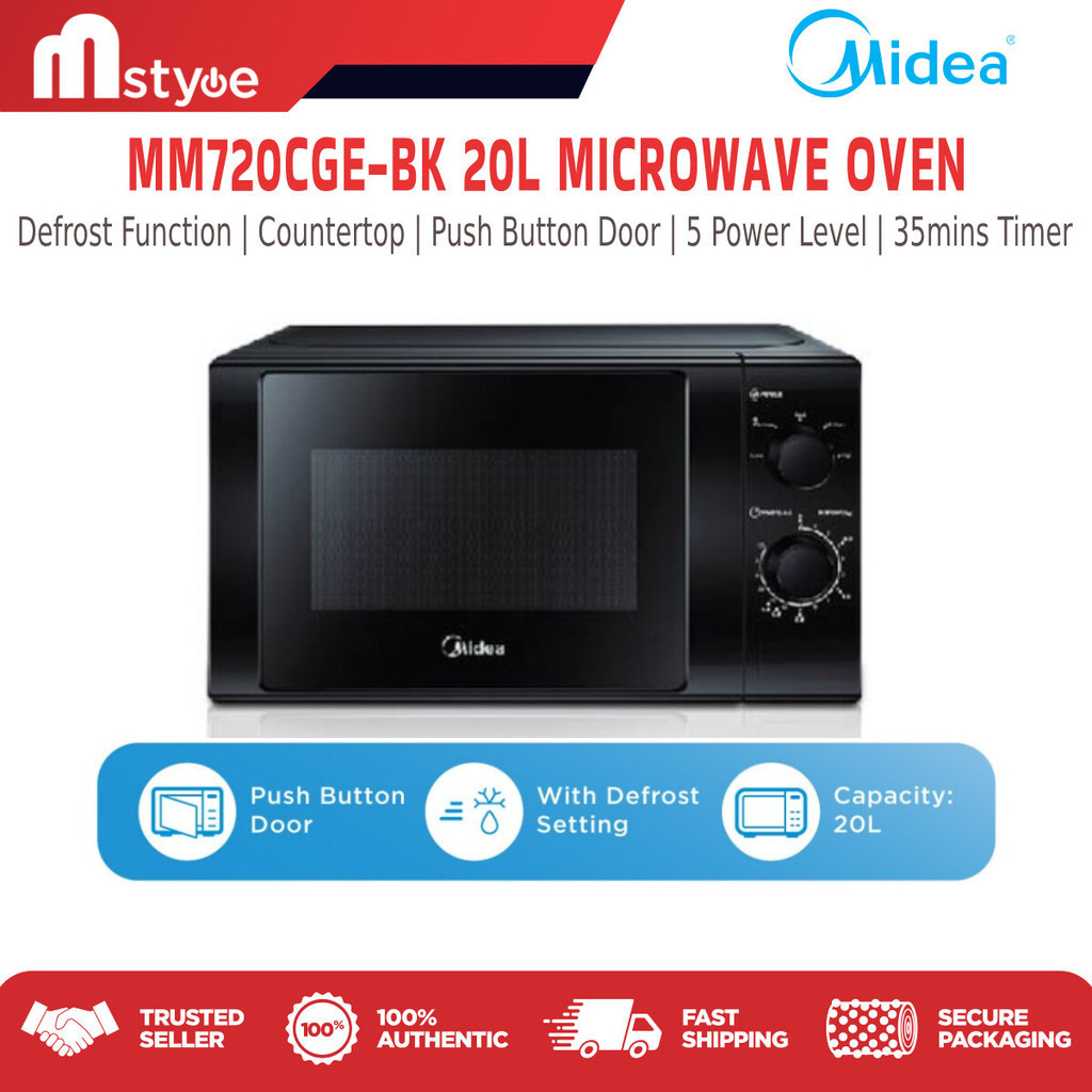 Midea MM720CGE-BK / MM720CGE-WH / MM720CXM 20L Microwave Oven With Defrost Function , Push Door button