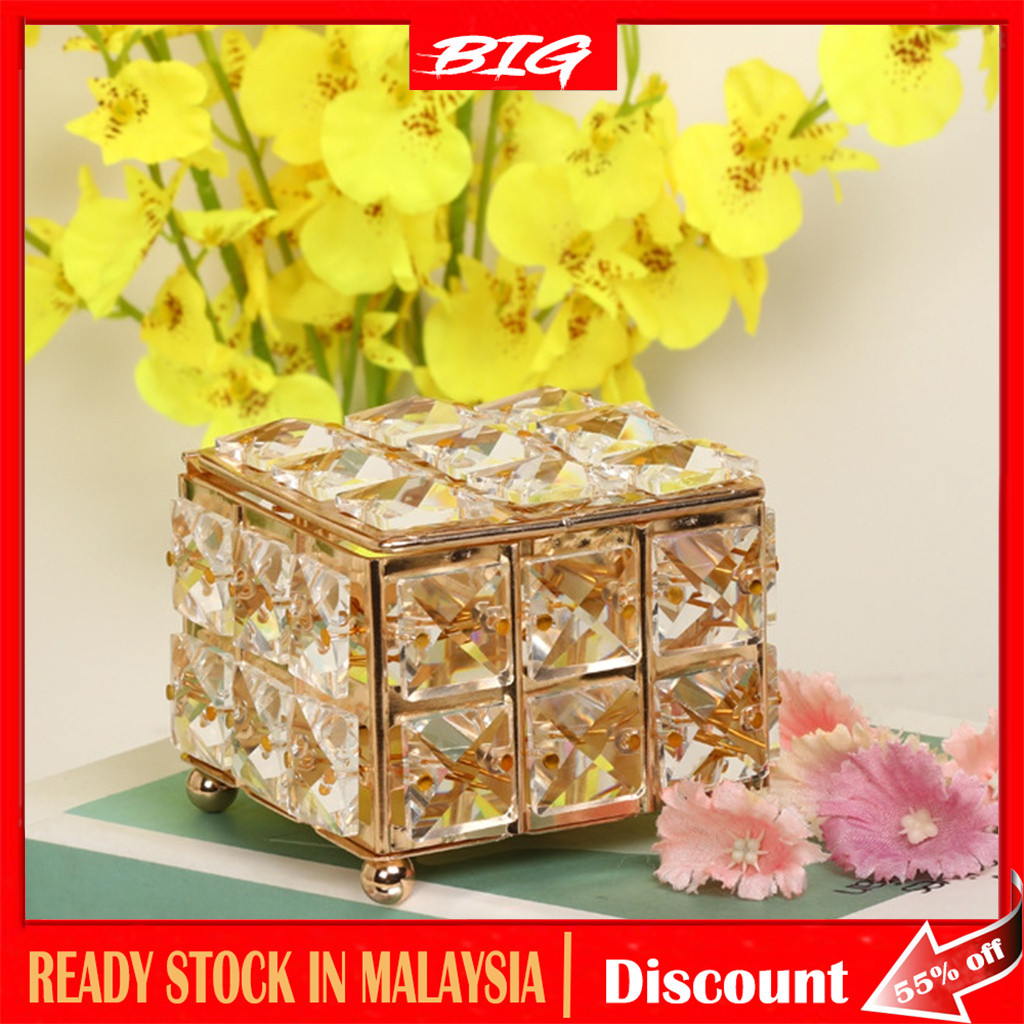 Golden Crystal Jewelry Box Trinket Storage Case Holder for Dresser Room