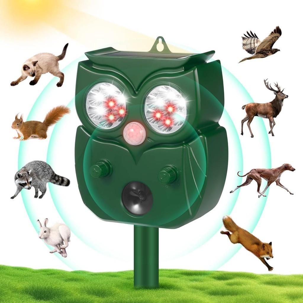 Owl Shaped Ultrasonic Animal Repellent Bird Repellent Outdoor Waterproof Solar Animal Repeller Pest Cat Deer Squirrel Dog Skunk Raccoon Deterrent Humane Motion Activated alat halau kucing