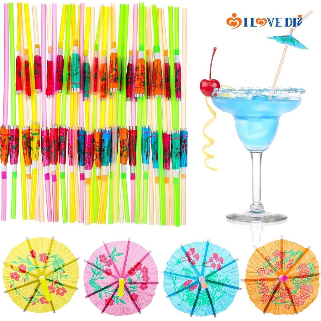 100PCS Umbrella Cocktail Drinking Straws Tropical Hawaiian Party Juice Paper Parasols Disposable Straws Bar Summer Decor