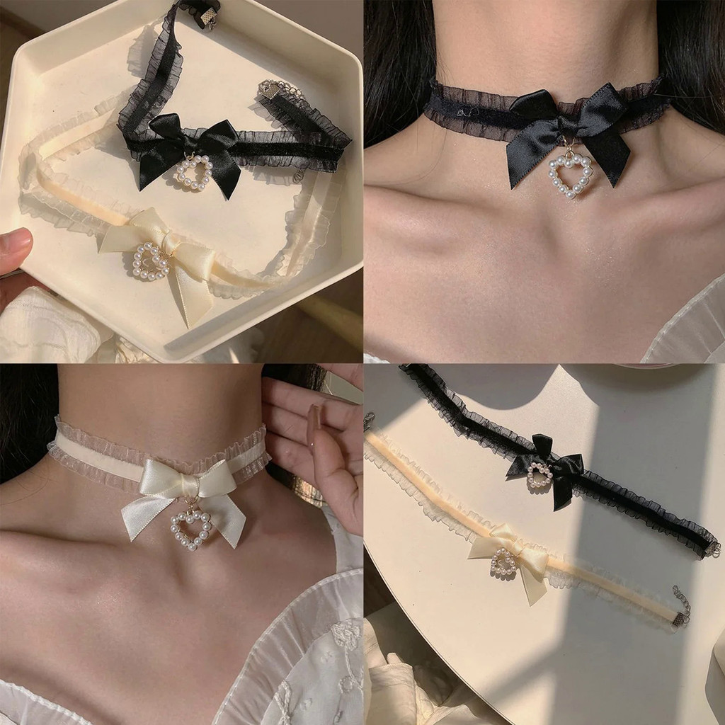 Women'S Cute Collar Lolitas Handmade Vintage Lace Heart Choker For Women Gothic Bow Knot Necklace Girls Uniform Accessories