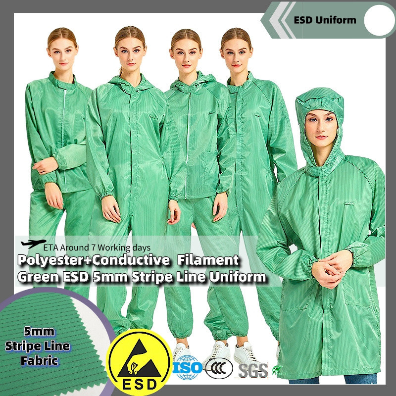 【Uhome】Green color ESD 5mm stripe line anti-static uniform range Smock/hooded split/cleanroom jumpsuit