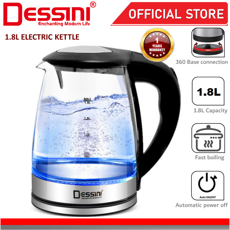 DESSINI ITALY Glass LED Light Electric Kettle Automatic Cut Off Boiler Jug Tea Maker Teapot Cerek (1.8L)