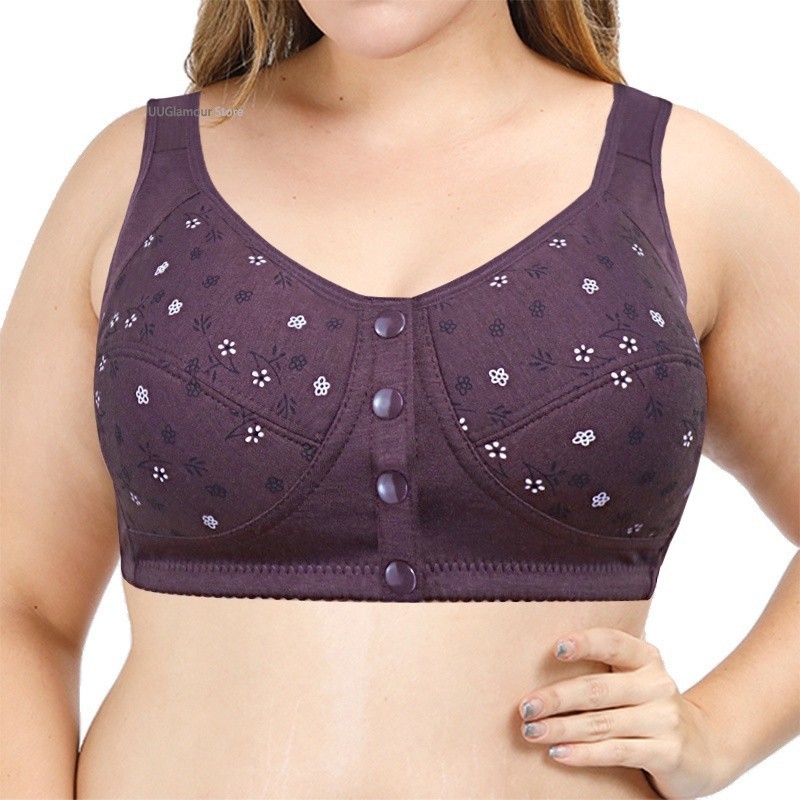 100% cotton bra Full Cup 36-56 big size popular plus size middle-aged and elderly mothers vest style front buckle underwear, pure cotton without steel ring printing  thin bra，女士中老年纯棉背心加大码文胸  全罩杯 200KG