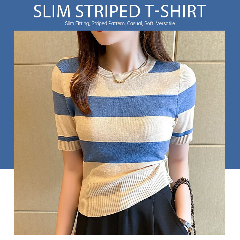 【Malaysia stock】Korean Version Thin Striped Short Sleeve Women Slim Fitting Knitwear Short Top 【fine111】