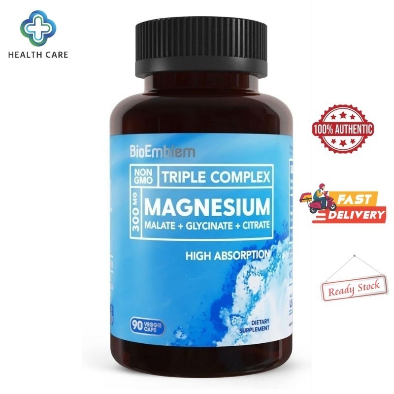 BioEmblem Triple Magnesium Complex | 300mg of Magnesium Glycinate, Malate, & Citrate 90 veggie caps
