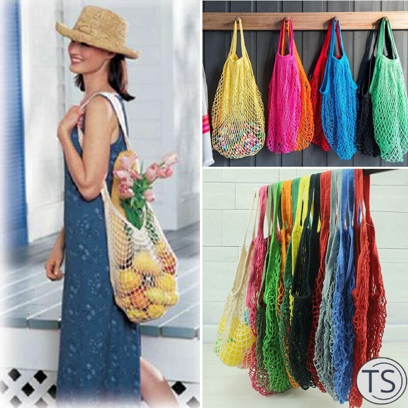 TS Ecology Reusable Organic Mesh Grocery Shopping Produce Bags Market String Bag Grocery Shopper Cord Mesh Woven Net