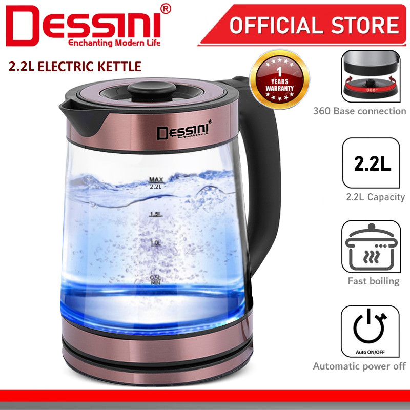 DESSINI ITALY 2.2L Glass LED Light Electric Kettle Automatic Cut Off Boiler Jug Teapot / Cerek