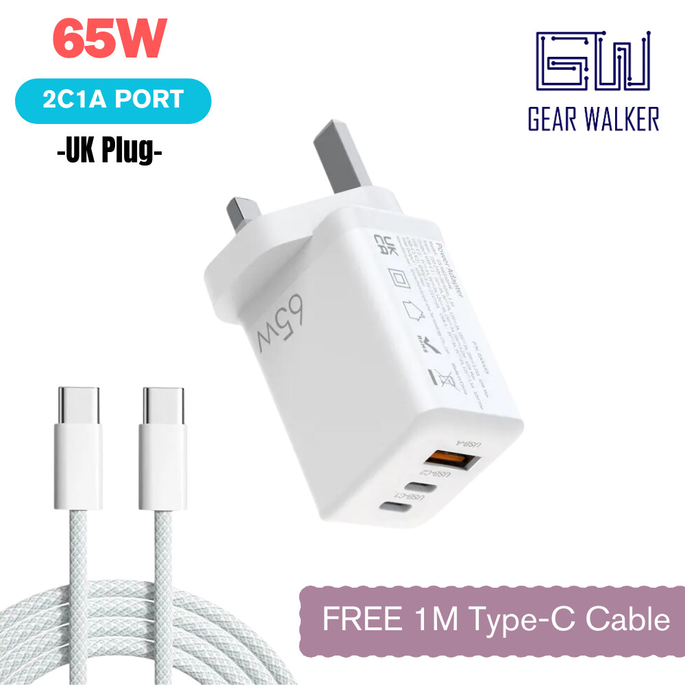 (FOC 1m Type-C Cable) Gear Walker GaN 65W PD 3-Port Wall Charger USB-C Fast Charging UK 3-Pin Plug Adapter for iPhone iPad Macbook Laptop Android Smartphones