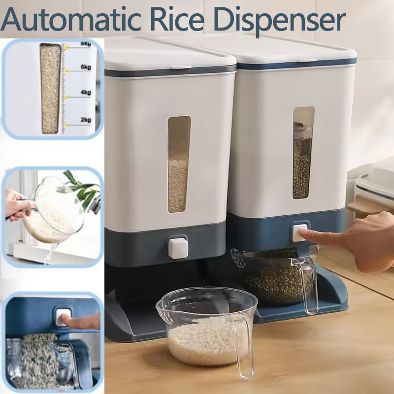 12KG Automatic Rice Dispenser with Rinsing Cup Bekas Beras Penyimpan Beras Container Ousehold Cereal Bucket Kitchen Tools