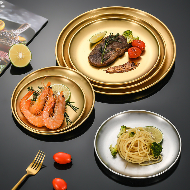 Stainless Steel Disc Korean Barbecue Plate Western Food Plate Italian Plate Salad Plate Golden Plate