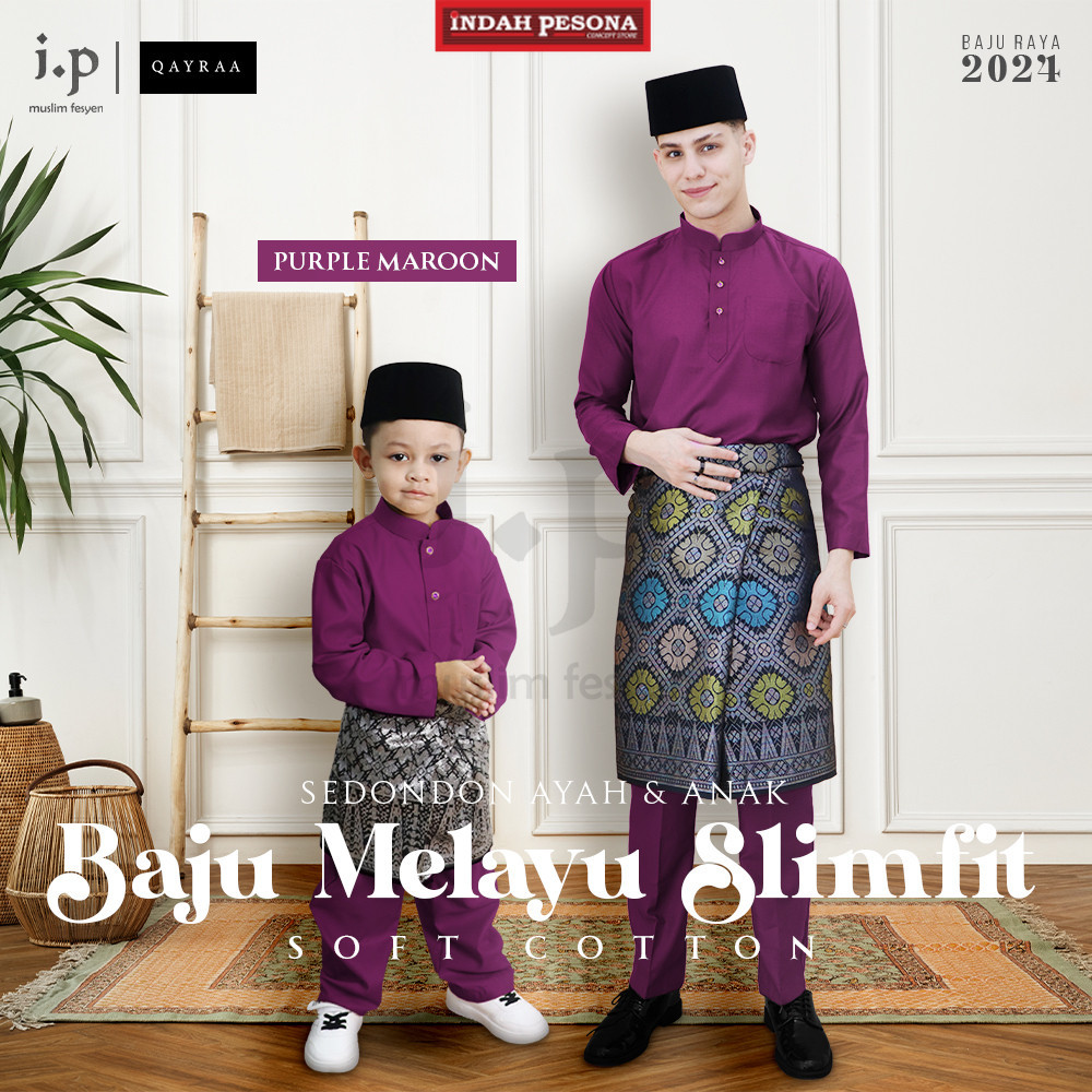 MAROON PURPLE Anak Dan Ayah Baju Melayu Pasang Soft Cotton SlimFit /Size: 0-4XL /Baju Raya