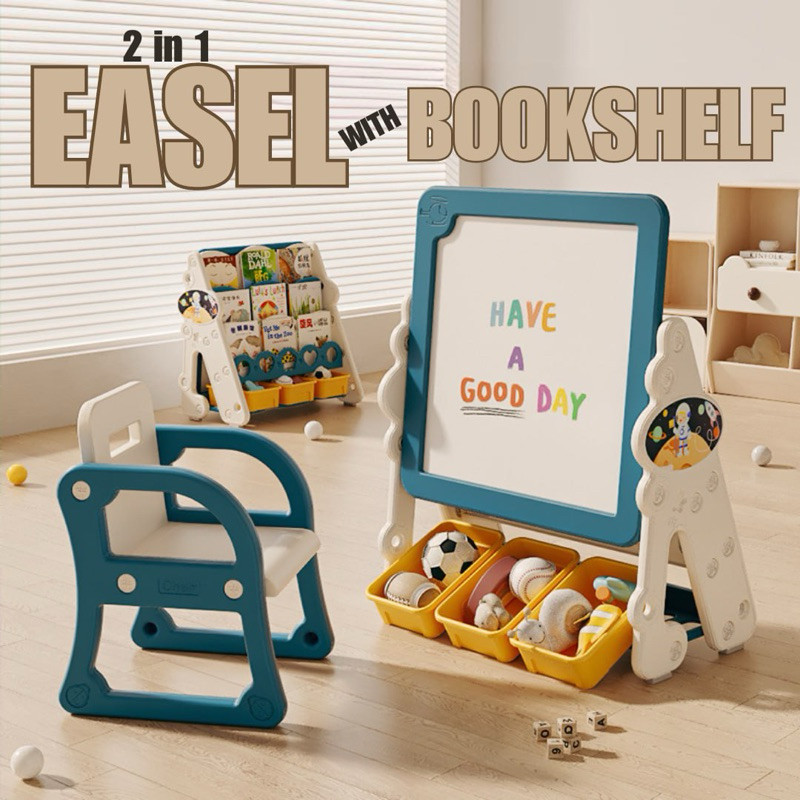 2 in 1 Easel Board with Bookshelf Educational Table and Chair for kids