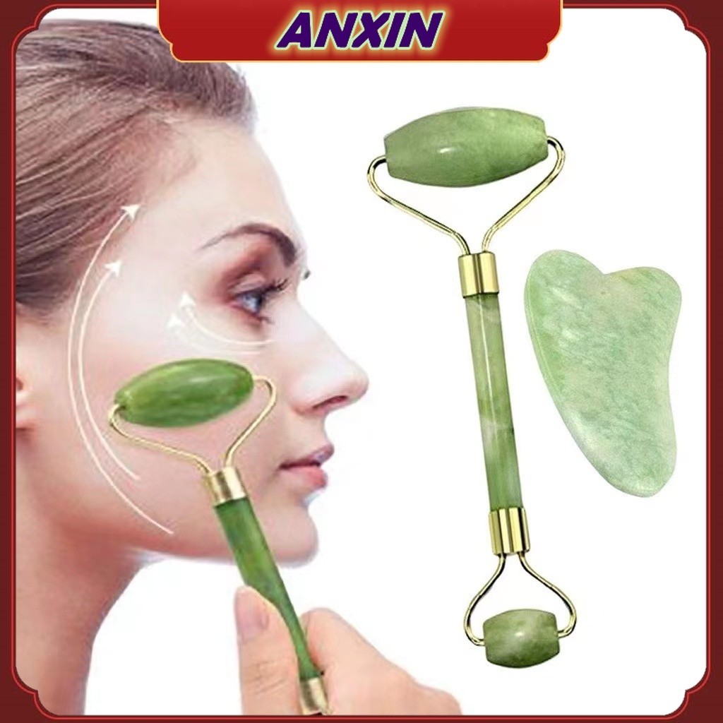 Gua Sha Scraping Plate and Jade Face Roller Set Traditional Facial Face Massager Tools Set pink green Beauty Instrument