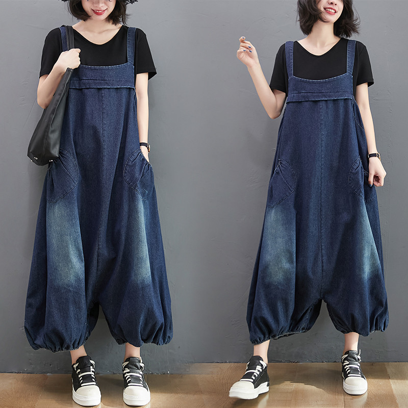 100kg Wearable Plus Size Long JumpSuit Spring Solid Color Washed Pockets Loose Wide-leg Denim Cropped Pants Bloomers