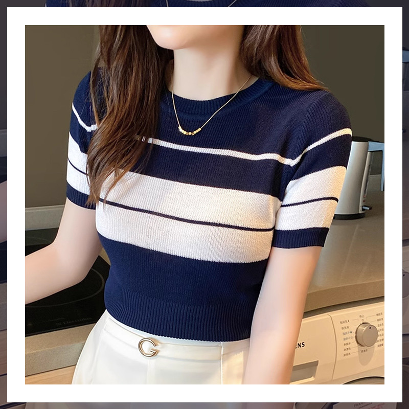 【Malaysia stock】Summer Versatile Top Thin Black White Contrast Color Stripe Short Sleeved Knitwear Women 【fine111】