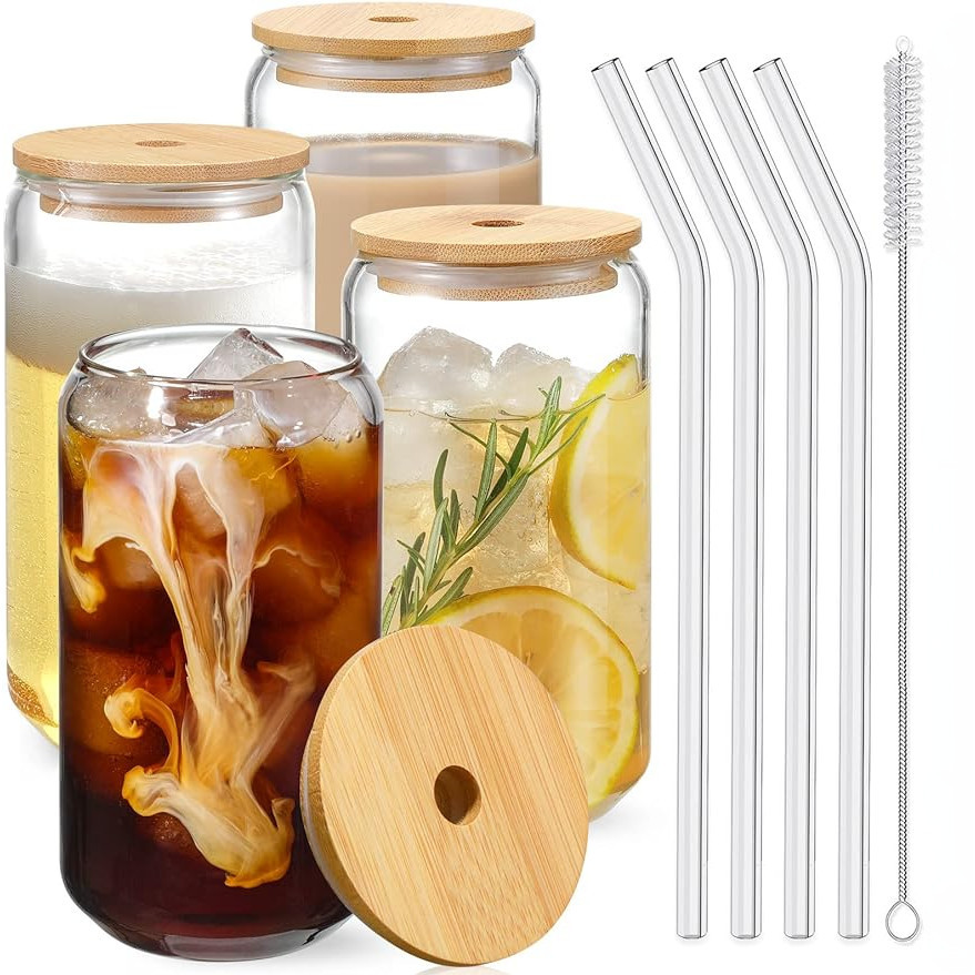 4pcs Set Drinking Glasses with Bamboo Lids and Glass Straw -500ml Can Shaped Cups, Beer Glasses, Iced Coffee Cute Tumbler Cup, Ideal for Cocktail, Whiskey, Gift 1 Cleaning Brushes