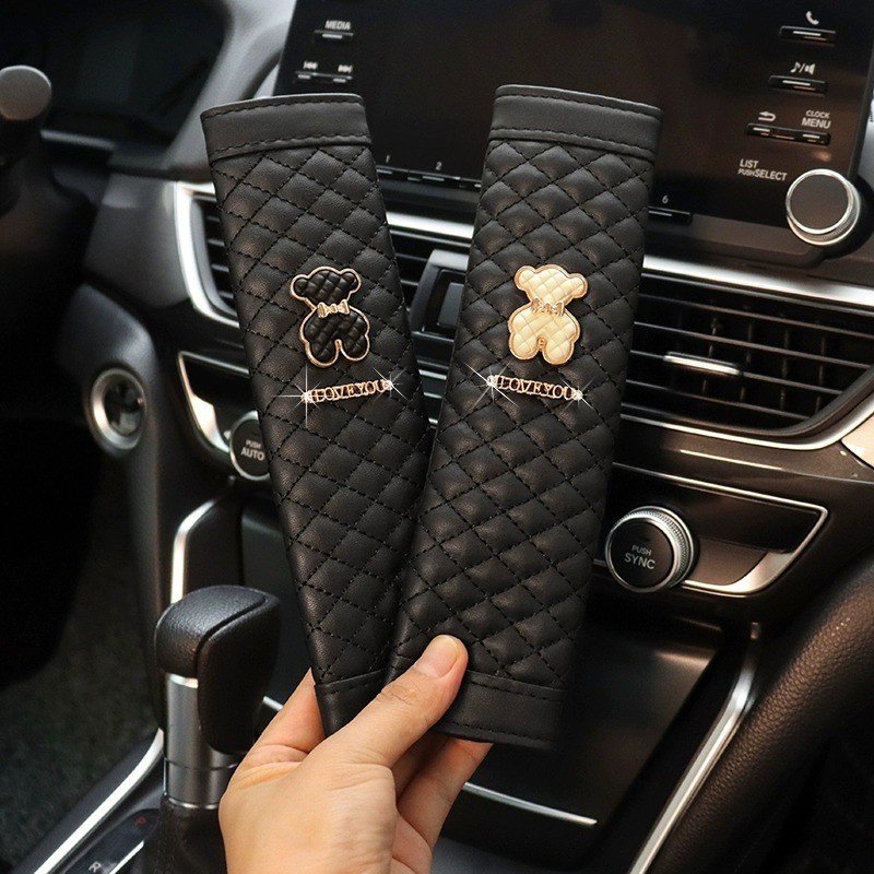 2PCS Bear Car Seat Belt Shoulder Pads Cute Leather Car Insurance Belt Protective Cover Cartoon Shoulder Pads For Children In The Car