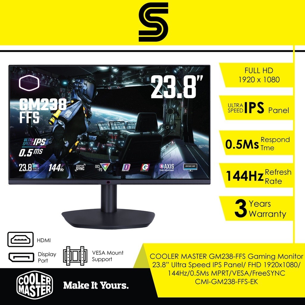 COOLER MASTER GM238-FFS Gaming Monitor - 23.8” Ultra Speed IPS Panel/FHD 1920x1080/144Hz/0.5Ms MPRT/