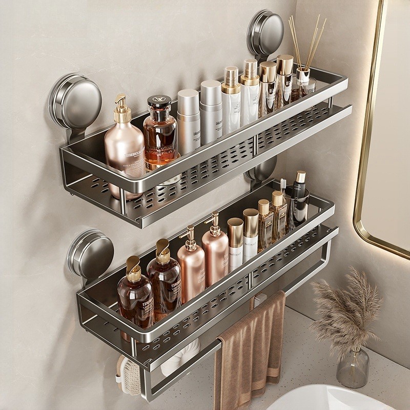 Punch-free No Drilling Bathroom Rack  Space Aluminum Shelf with Suction Cup Bathroom Kitchen  Organizer
