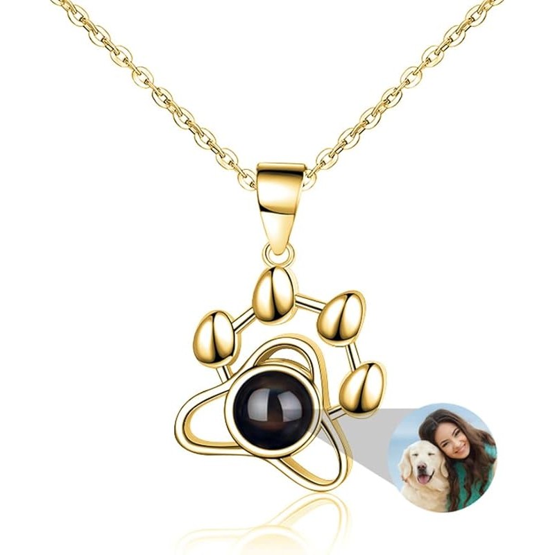 Personalized Photo Projection Necklace Dog Paw Memorial Pendant Necklace Custom Dog Paw Print Necklace I Love You Necklace 100 Languages Pendant Necklace Gifts for Women Men Pet Lo