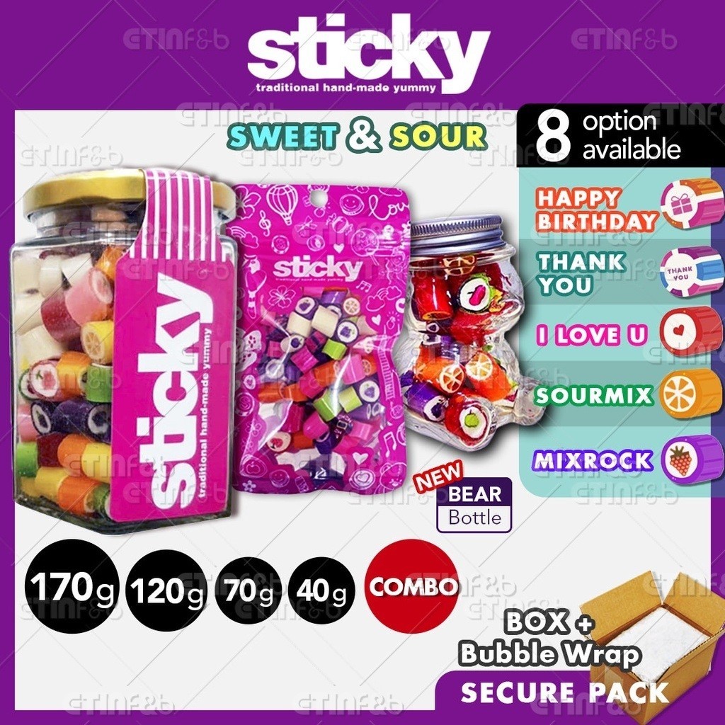 STICKY CANDY GULA-GULA VIRAL STOK SEDIA Thank You Happy Birthday Gift I Love U Sweet Sour MixRock Fruit Handmade Candy