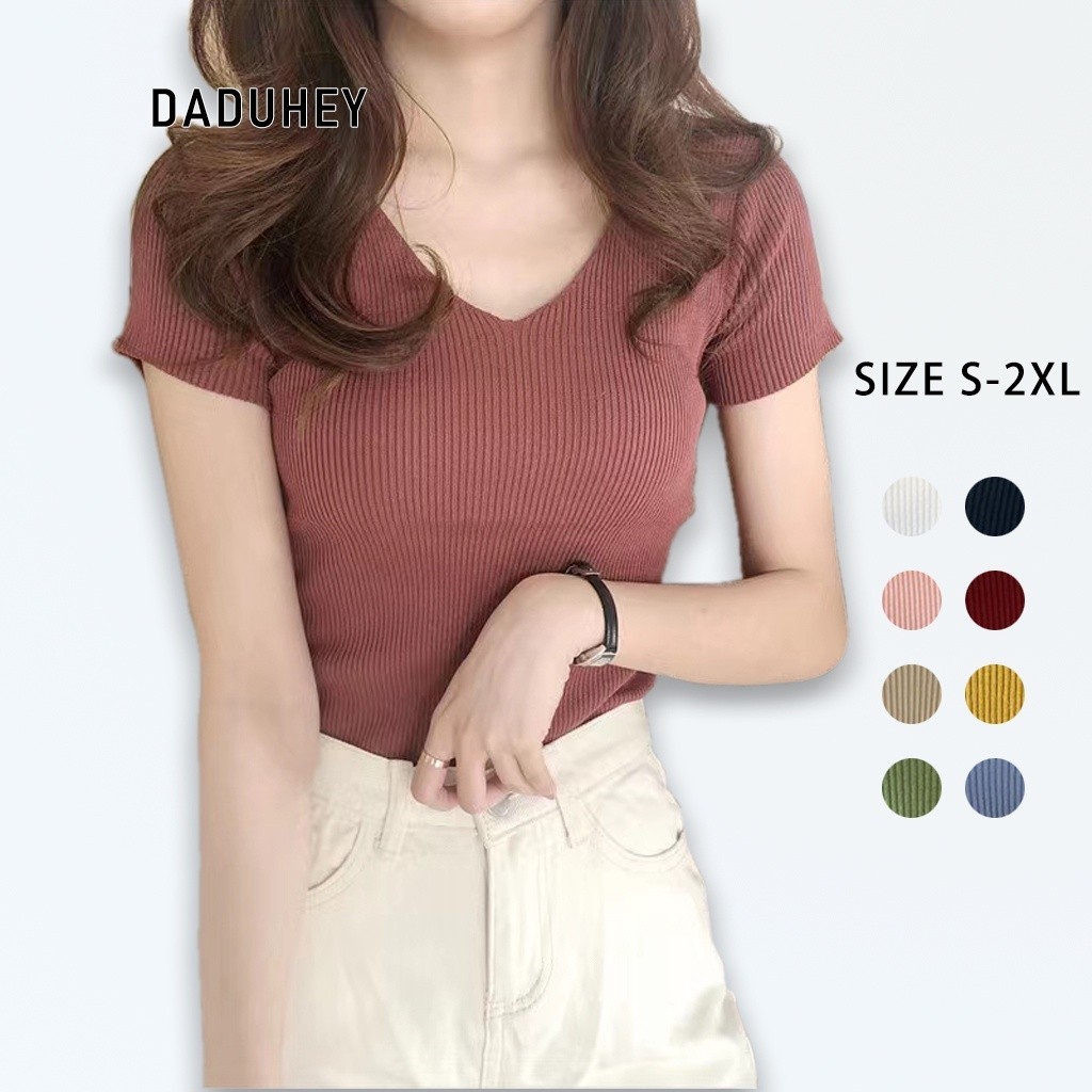 Daduhey  Plus Size Women's Knitted Tops Slim V-neck Solid Color Short Sleeve T-shirts