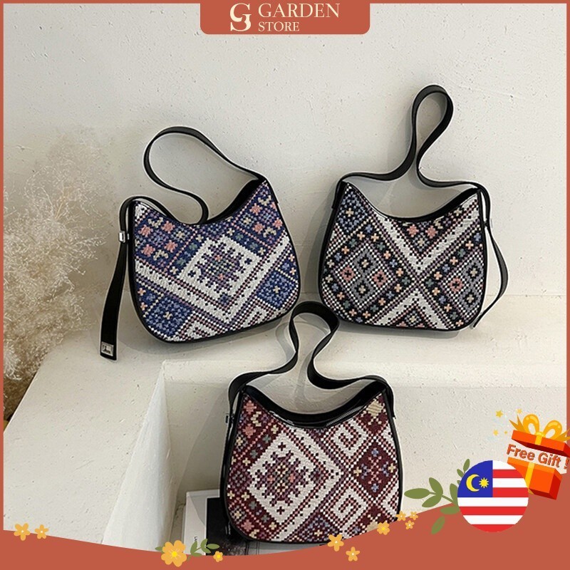 GS Women Fashion Classy Boho Embroidered Pattern Premium PU Leather Travel Outing Sling Bag Shoulder Bag Handbag - 9776