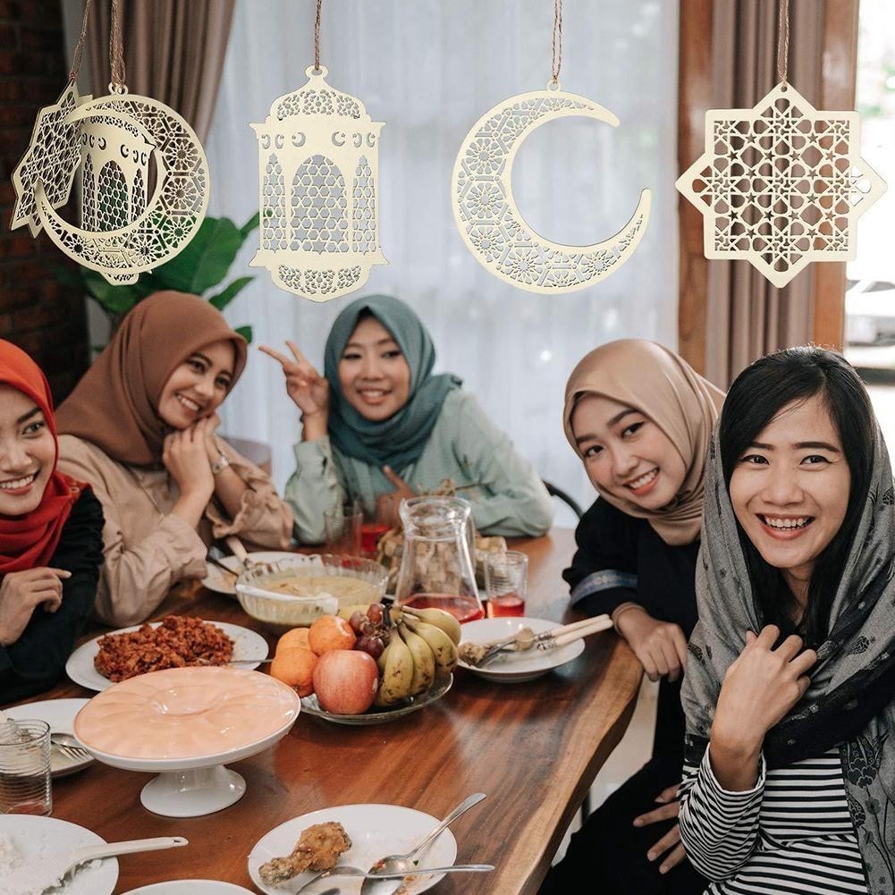 3Pcs Islam Eid Ramadan Mubarak Hollow Wooden Moon Hanging ornament Decorations Hanging Lantern Pendant Islam Muslim