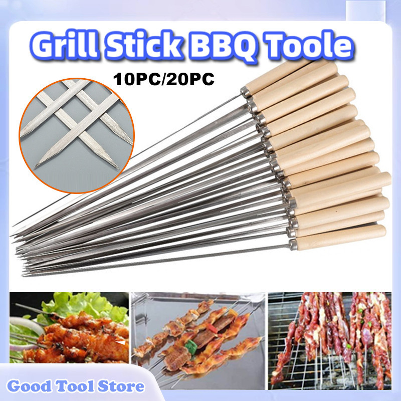 BBQ Skewers Reusable Stainless Steel Wooden Handle Kebab Stick Cooking Tool Stick Grill BBQ Tools