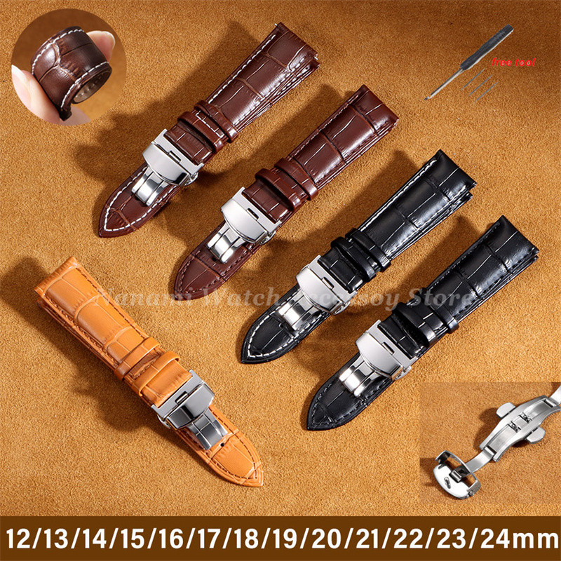 Classic Geniune Leather Watch Strap Full Size 12/13/14/15/16/17/18/19/20/21/22/23/24mm Butterfly Buckle Universal Cowhide Replacement Bracelet Men Women Watchband Bamboo Texture