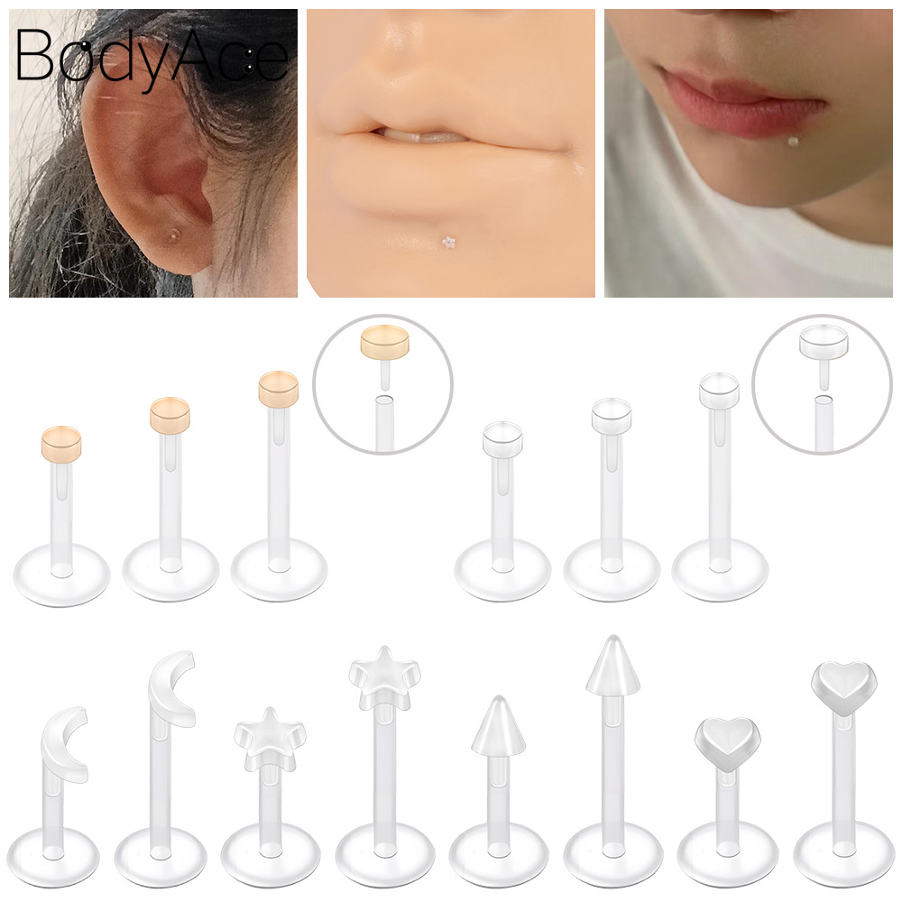 Bodyace 16G Lip Stud Transparent Lip Piercing Moon Shape Labret Piercing Plug-in Stud Earring 1PC Invisible Ear Stud Body Piercing Jewelry