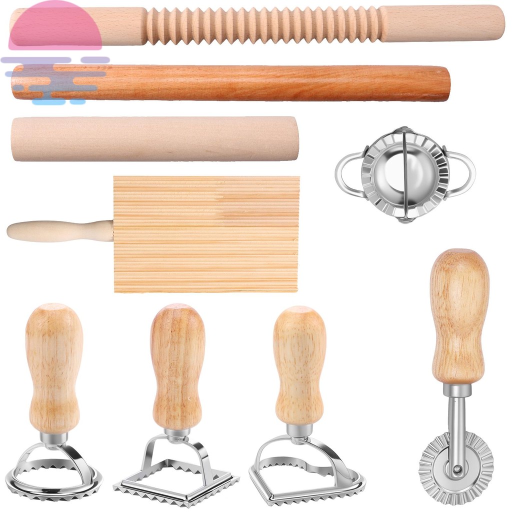 9 Pcs Pasta Making Tools DIY Pasta Making Kit Versatile Pasta Making Tool Set with Gnocchi Board Dough Cutter Dumpling Maker Ravioli Stamp Cutters Rolling Pins SHOPCYC4427