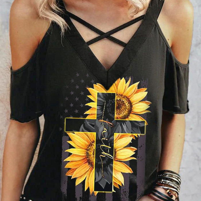 Latest Cross Design Sunflower Print Women's Tee for Fashionable Online Shoppers