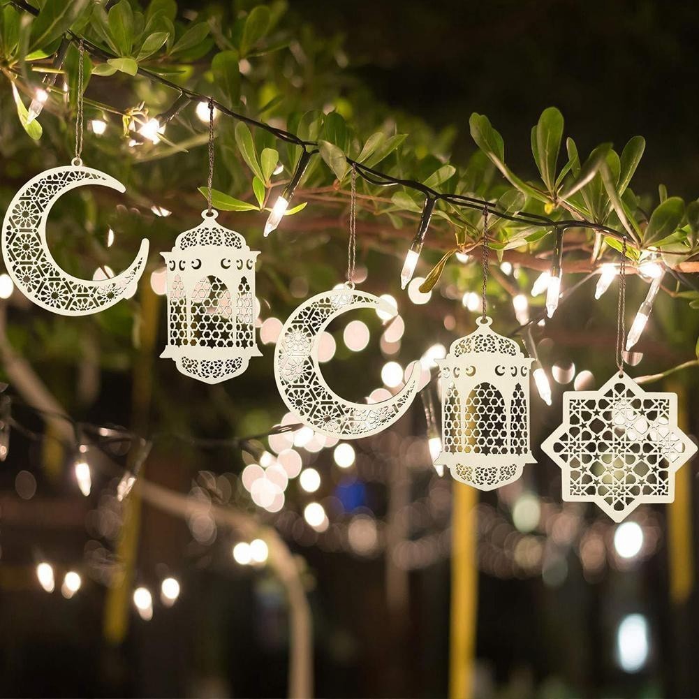 3Pcs Islam Eid Ramadan Mubarak Hollow Wooden Moon Hanging ornament Decorations Hanging Lantern Pendant Islam Muslim