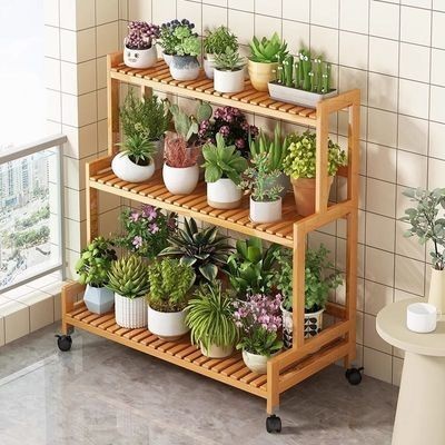 Balcony bamboo with wheels for home floor-standing pothos flowerpot living room