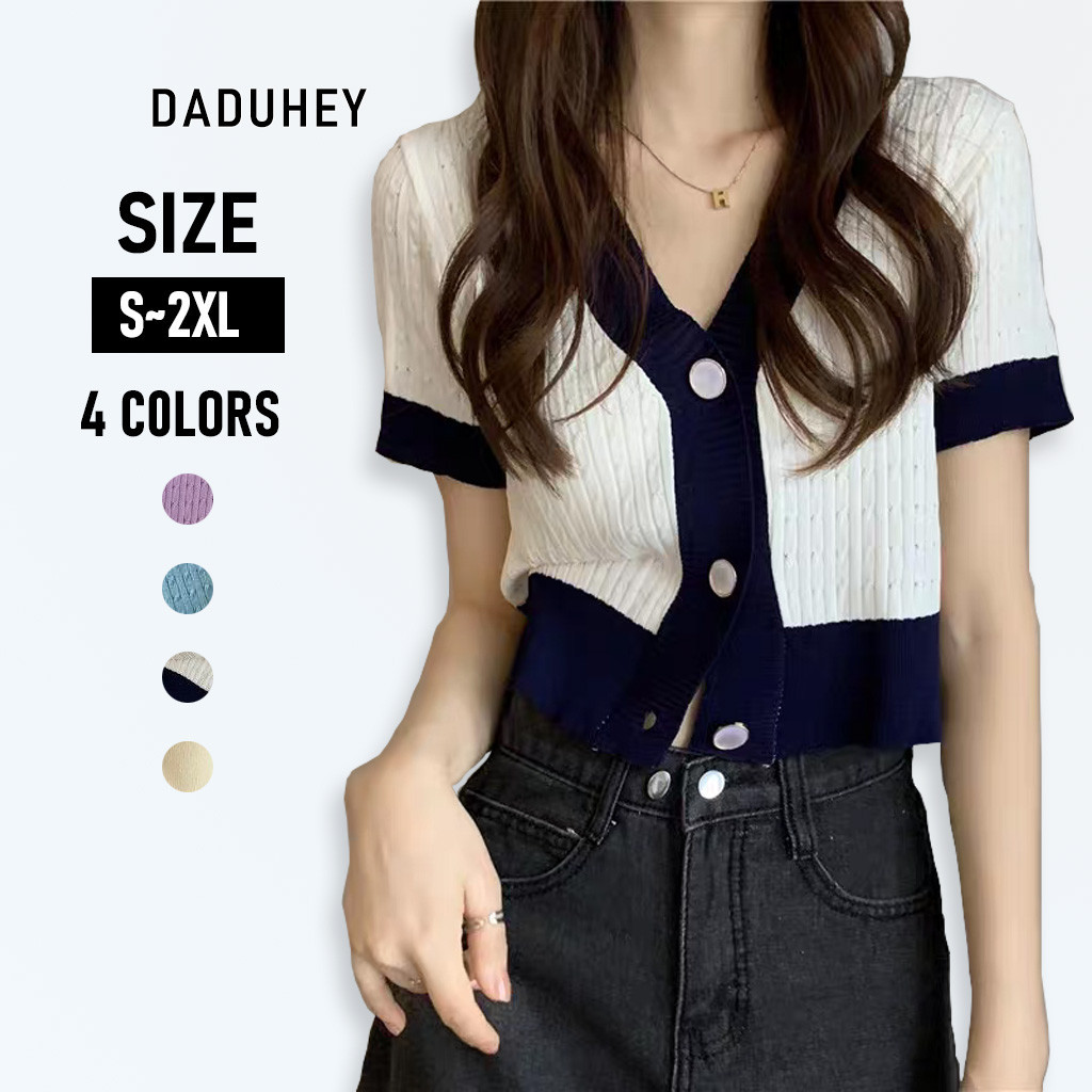 Daduhey baju raya  perempuan Women's V-Neck Short-Sleeved Knitted T-Shirt - 4 Colours