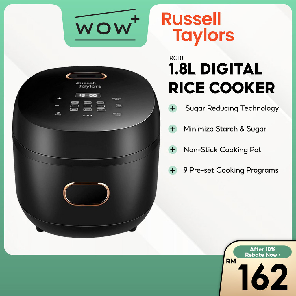 Russell Taylors RC10 Digital Rice Cooker - 1.8L / 900W, Featuring Sugar Reducing 9 Preset Cooking